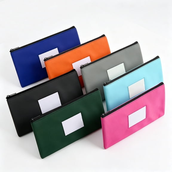 Cash Pouch for Money Handling 7 Colors ID Window 7 Piece PU Leather Money Bags Zipper Closure