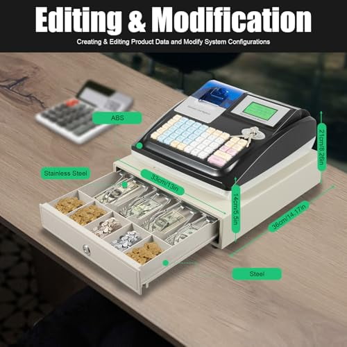 Cash Register, 48 Keys Cash Registers for Small Businesses, Commercial Cash Register w/Dual Display Screen for Cashier and Customer, Can Be Connected To Barcode Gun & Thermal Print