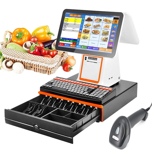 Cash Register with Built-in Thermal Printer with Cash Drawer, Barcode Scanner, Touch Screen Dual Monitor, Touch Screen Cash Register for Small Businesses All-in-One Cash Register