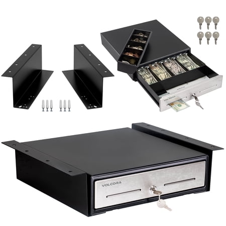 Volcora 13" Retail Cash Register Drawer, Under Counter Mounting Bracket for Small Business, Money Tray with 4 Bill 5 Coin 6 Keys