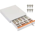 thumbnail image 1 of Volcora Cash Register Drawer for Point of Sale POS System with Round Corners 16", Removable Coin Tray, 5 Bill 8 Coin, 12-24V RJ11/12 Key-Lock Media Slot, Money Drawer for Business, Orange Bar/White, 1 of 7