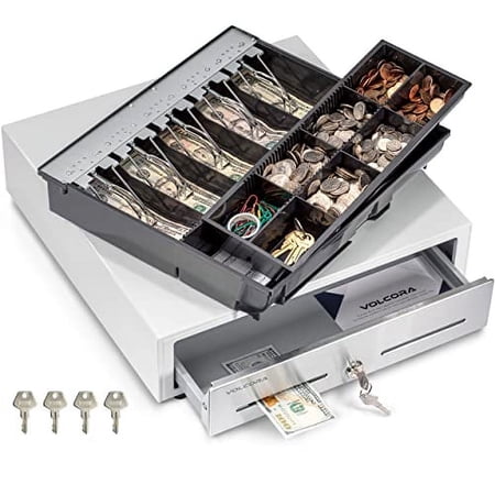 Cash Register Drawer for (POS) Point of Sale System with Front Round Corner 16", Removable Coin Tray, 5 Bill 8 Coin, 24V RJ11/12 Key-Lock Media Slot, Money Drawer for Business, White Bar/White