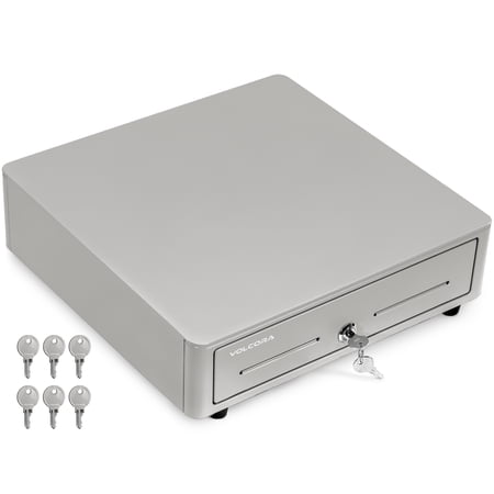 Volcora Cash Register Drawer for (POS) Point of Sale System with Round Corner 13", Removable Coin Tray, 4 Bill/5 Coin, 12-24V, RJ11/RJ12 Key-Lock, Media Slot,Cash Till, for Business, Grey