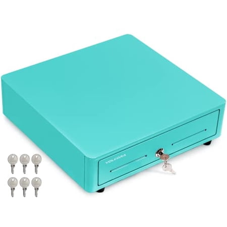 Volcora Cash Register Drawer for (POS) Point of Sale System with Round Corner 13", Removable Coin Tray, 4 Bill/5 Coin, 12-24V, RJ11/RJ12 Key-Lock, Media Slot,Cash Till, for Businesses, Light Blue