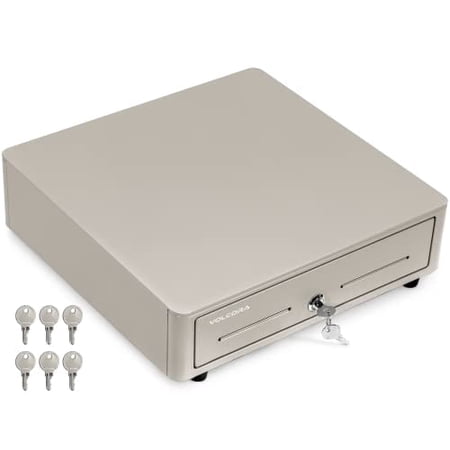 Volcora Cash Register Drawer for (POS) Point of Sale System with Round Corner 13", Removable Coin Tray, 4 Bill/5 Coin, 12-24V, RJ11/RJ12 Key-Lock, Media Slot,Cash Till, for Business, Grey