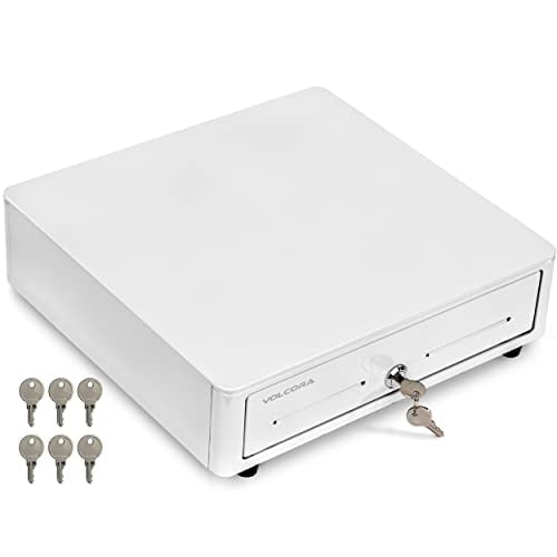 Volcora Cash Register Drawer for (POS) Point of Sale System with Round Corner 13", Removable Coin Tray, 4 Bill/5 Coin, 12-24V, RJ11/RJ12 Key-Lock, Media Slot,Cash Till for Businesses, White