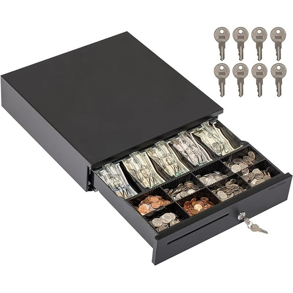 Cash Register Drawer for Point of Sale (POS) System, 5 Bill/7 Coin, 16" with Adjustable Coin Slots, 24V, RJ11/RJ12 Key-Lock, Media Slot, Black