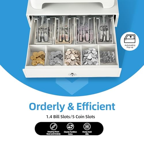 Cash Register Electronic Desktop Cash Management with 48 Keys POS System with Removable Tray Drawer 8 Cells and Thermal Printer Multifunction 110V 40W Commercial Cashier Machine fo