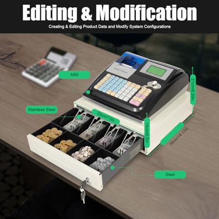 Cash Register,Electronic Pos System Cash Register with 48 Keys,Cash Register Drawer and Thermal Printer,8 Digital LED Customer Display Cash Register for Small Businesses(Black)