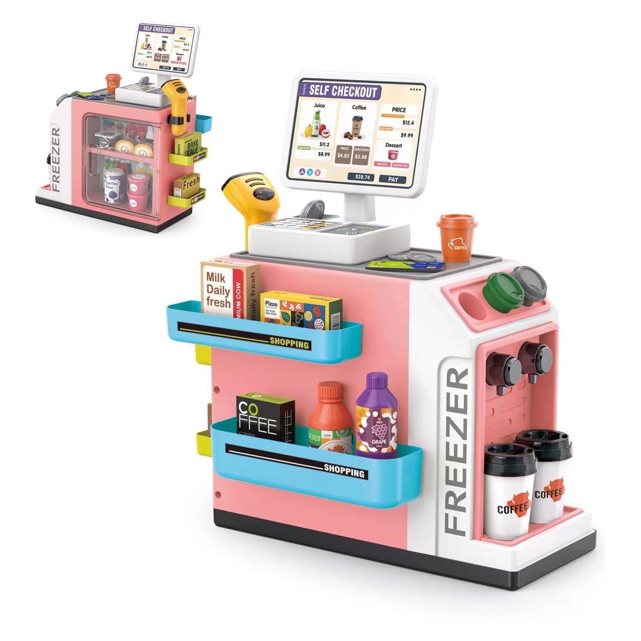 Cash Register for Kids, Kids Pretend Play Cash Register Toys, 46PCS Upgraded, Kids Cash Register With Scanner, Play Money, Play Food, Toy Credit Card for Toddlers Boys & Girls, Ages 3 4 5 6 7, Pink