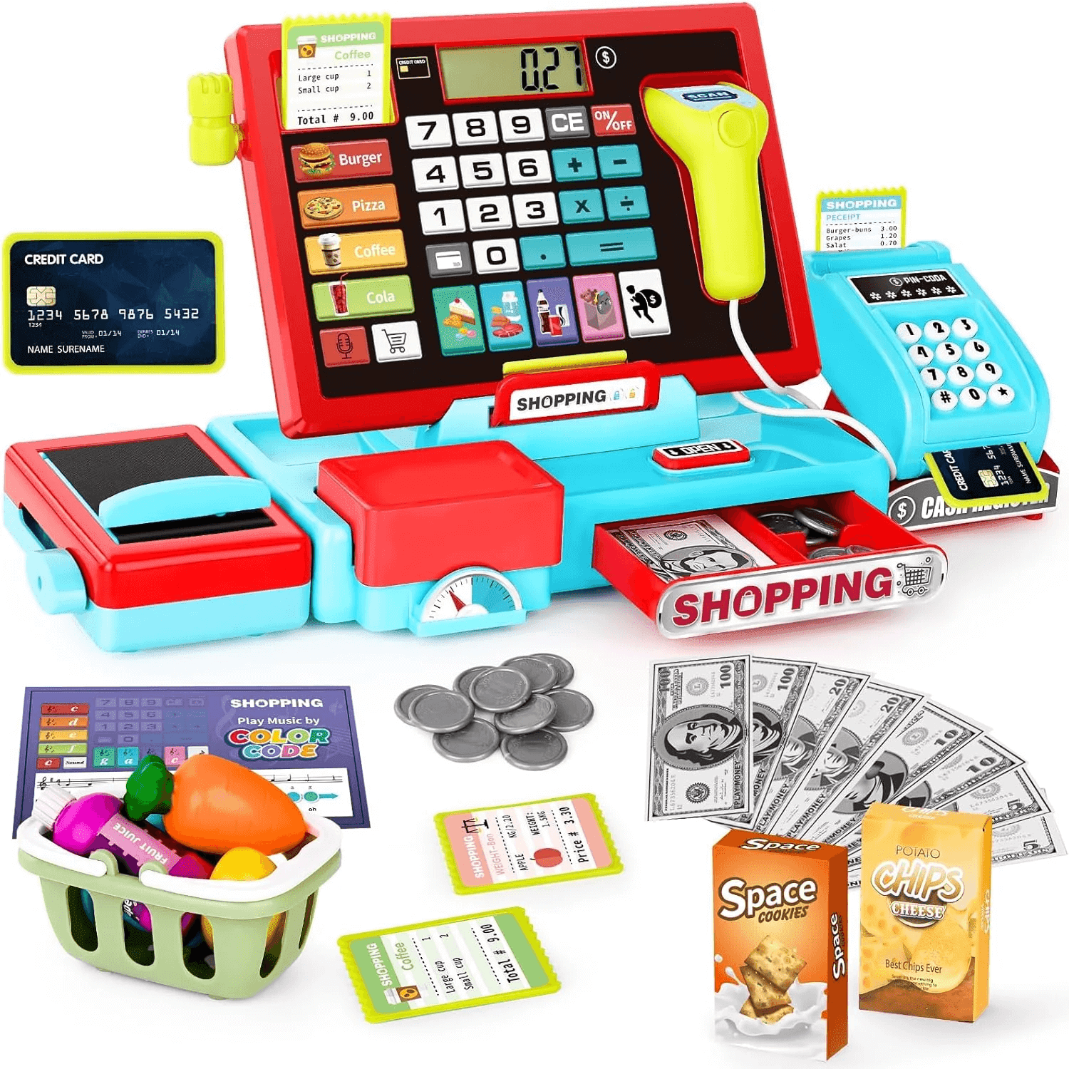 Cash Register Toy for Kids-52PCS Real Calculator Cash Register, Pretend Play Store with Music/Scanner Credit Card Play Money Food/Microphone Learning Toy Playset Gift for Toddler Boy Girl