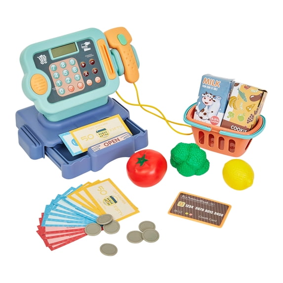 Cash Register for Kids – 30-Piece Set for Grocery Store Pretend Play with Shopping Basket, Toy Money, and Working Calculator by Hey Play (Blue)