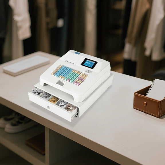Cash Register with Dual Display & Thermal Printer, Offline POS System for Retail & Restaurant, 48 Keys, 2 Keys Included, Multiple Interfaces, White