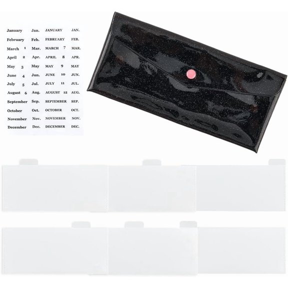 Cash Stuffing Envelope Wallet with 6 Tabs Index Divider Calendar Sticker Black PVC Makeup Plastic Snap Bag Budget Storage Wallet Pouch Black
