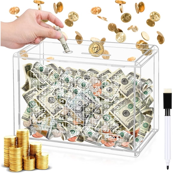 Cash Vault Acrylic Savings Box, 100 Days Savings Challenge Box Cash Box Kakeibo Money Saving Box, Clear Piggy Bank Coin Bank with Numbers to Check for Adults