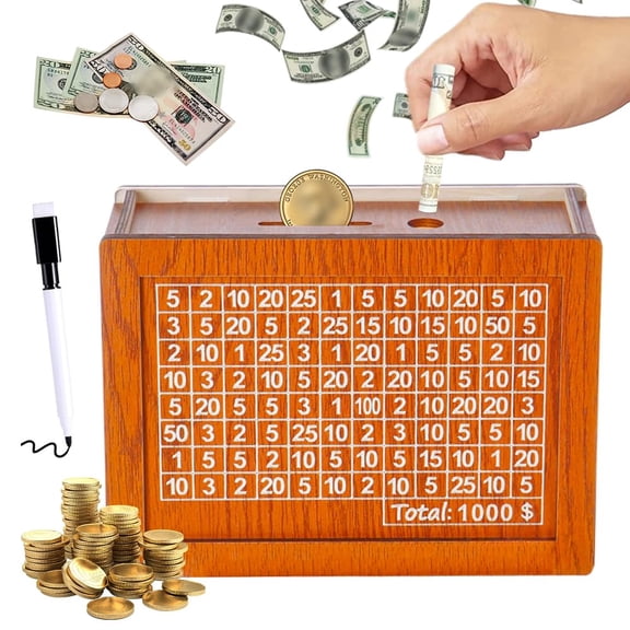 Cash Vault Wooden Savings Box, 1000 Savings Challenge Box, New Challenge Wooden Cash Saving Boxes, Cash Saving Box with Money Target and Numbers ($1000)
