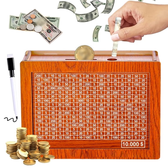 Cash Vault Wooden Savings Box 10000, 2026 Year 10000 Savings Challenge Box, Coin Counter Bank Money Box with Money Target and Numbers