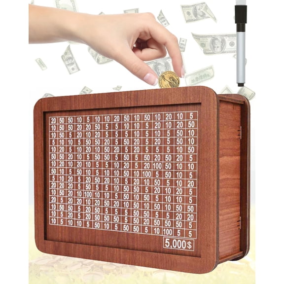 Cash Vault Wooden Savings Box 10000, Savings Challenge Box with Acrylic Panel Money Target & Number, Wooden Cash Money Saving Box Tool-Free Easy Assembly Encourages Saving Habits (L 5000 Brown)