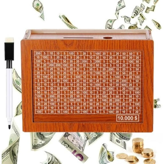 Cash Vault Wooden Savings Box, 10000 Savings Challenge, Money Box with Target and Numbers, Piggy Bank for Adults and Kids $10000
