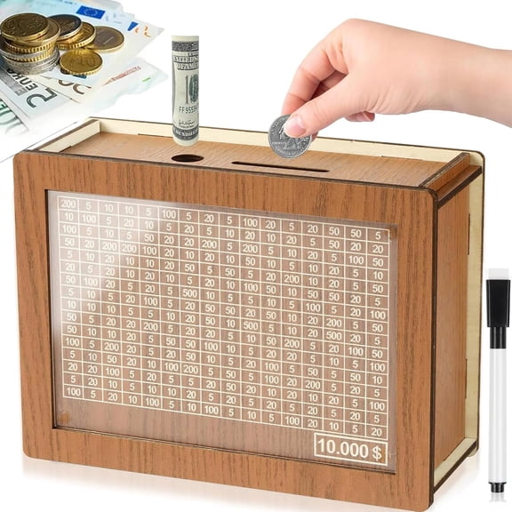 Cash Vault Wooden Savings Box for $10000 Savings Goals,Money Saving Challenge Box with Marker Pen & Acrylic Panel,Adult Piggy Bank with Coin Counter and Number Grid