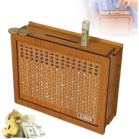 Cash Vault Wooden Savings Box, 2026 New Wooden Cash Saver Money Box, Money Box with Counter, Wooden Money Saving Challenge Box with Money Target and Numbers (5000)