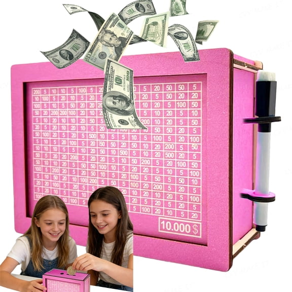 Cash Vault Wooden Savings Box 2026 New Wooden Cash Saver Money Box Money Box with Counter Wooden Money Saving Challenge Box with Money Target and Numbers,Pink-1000-With Pen