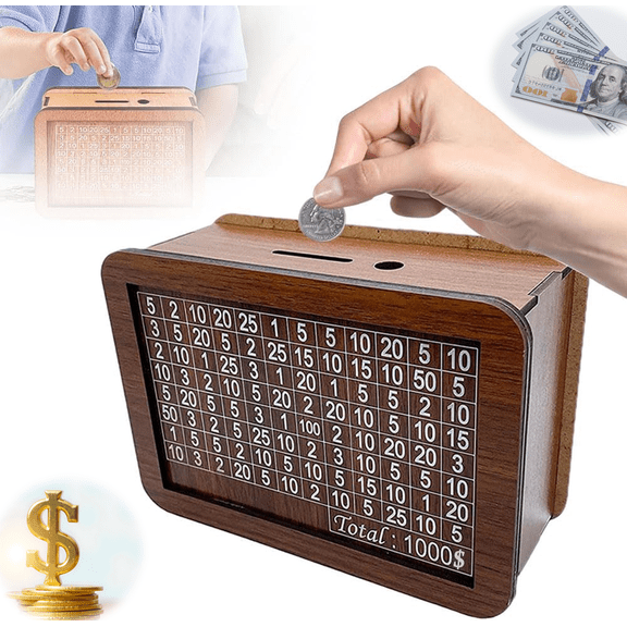 Cash Vault Wooden Savings Box, 2026 New Wooden Cash Saver Money Box, Money Box with Counter, Wooden Money Saving Challenge Box with Money Target and Numbers ,Retro Cash Savings Box(1000)