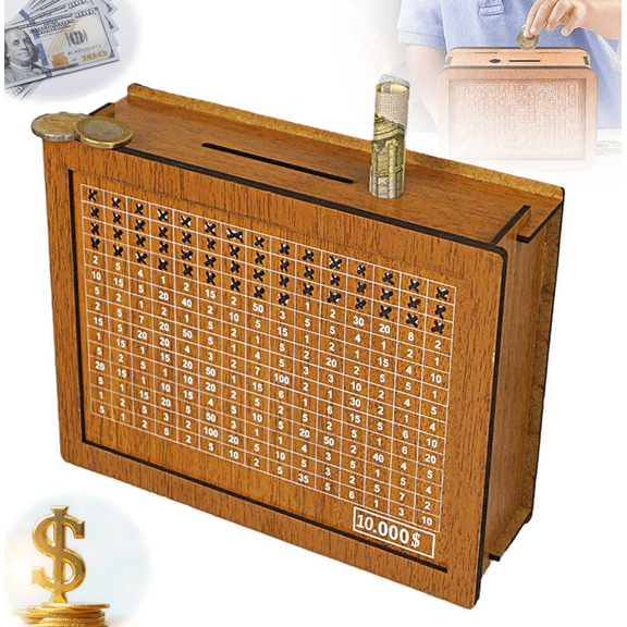 Cash Vault Wooden Savings Box, 2026 New Wooden Cash Saver Money Box, Money Box with Counter, Wooden Money Saving Challenge Box with Money Target and Numbers ,Retro Cash Savings Box(10000)