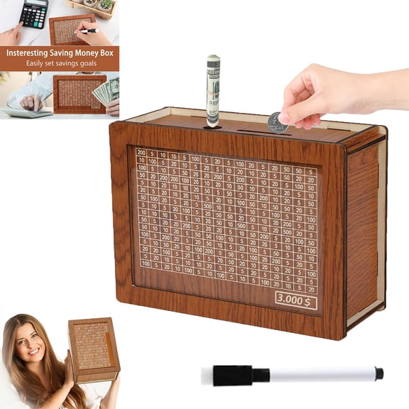 Cash Vault Wooden Savings Box,2026 New Wooden Cash Saver Money Box,Portable Money Box for Cash,Coin Cash Box,with Money Target & Number Tracking for Home & Office