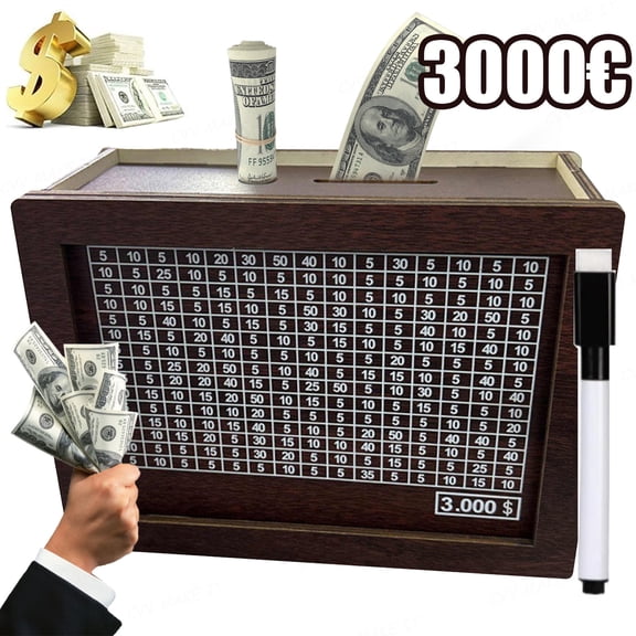 Cash Vault Wooden Savings Box Dollars Wooden Cash Saver Money Saving Box with Money Target and Numbers Piggy Bank for Adults Great Gift for Home or Office,Euro-3000