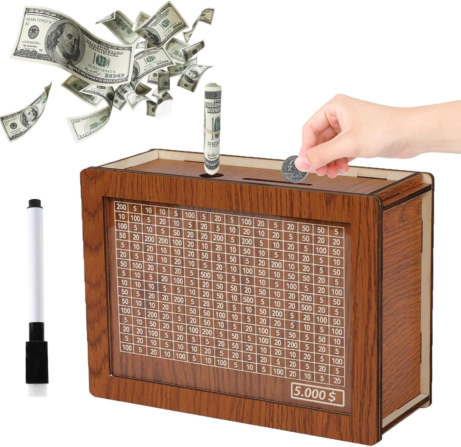 Cash Vault Wooden Savings Box with Locking Latch,Durable Wooden Money Saver with $1000/$10000/$3000/$5000 Money Targets,Numbers & DIY Marker for Personal Finance Goals