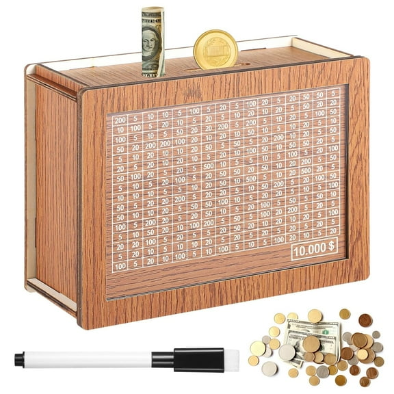 Cash Vault Wooden Savings Box, Save Towards $10,000 Goal, Wooden Money Box for Cash and Coins,Cash Box Piggy Bank for Adults Money Saving Box