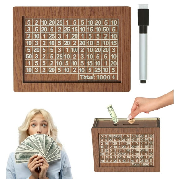 Cash Vault Wooden Savings Box, Wooden Savings Box 10000, 10000 Savings Challenge Box, 2025 New Savings Challenge Money Box with Money Target and Numbers for Adults Kids (1000)