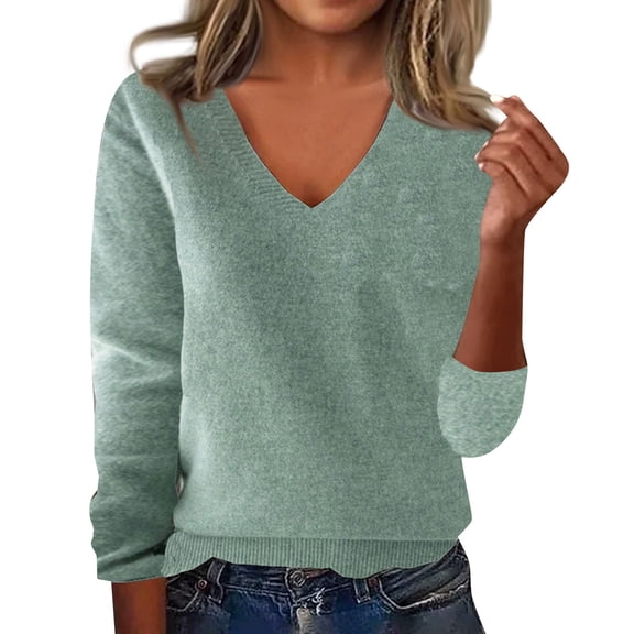 Sweater for Women 2025 Trendy V Neck Long Sleeve Knitted Pullover Tops Lightweight Soft Comfy Warm Sweater Mint Green L