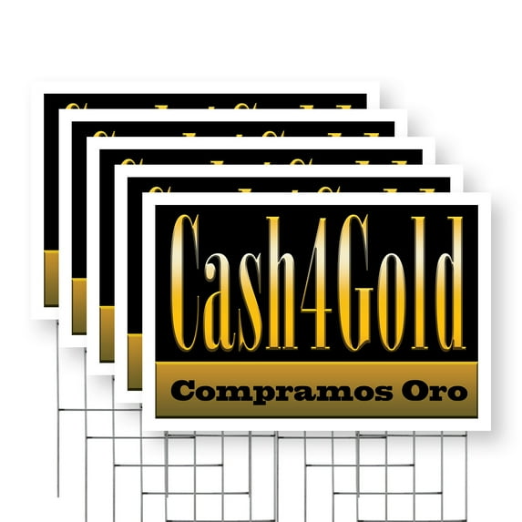 Cash4Gold Compramos Oro Yard Sign 5 Pack of 24 Inch x 36 Inch Single Sided Weatherproof Heavy-Duty Plastic with Stake | Spanish Gold Buying Services, Quick Cash, Reliable Shops | Made in USA