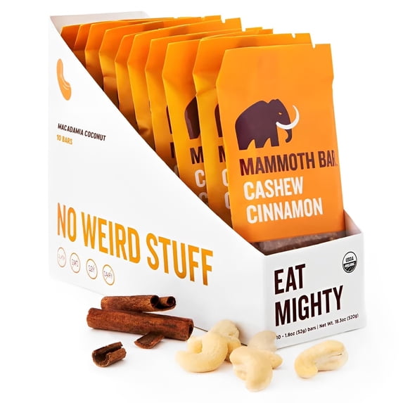 Mammoth Bar Organic Cashew Cinnamon High Protein Bar – Clean Label, Gluten-Free, No Added Sugar, Non-GMO, 10 Count