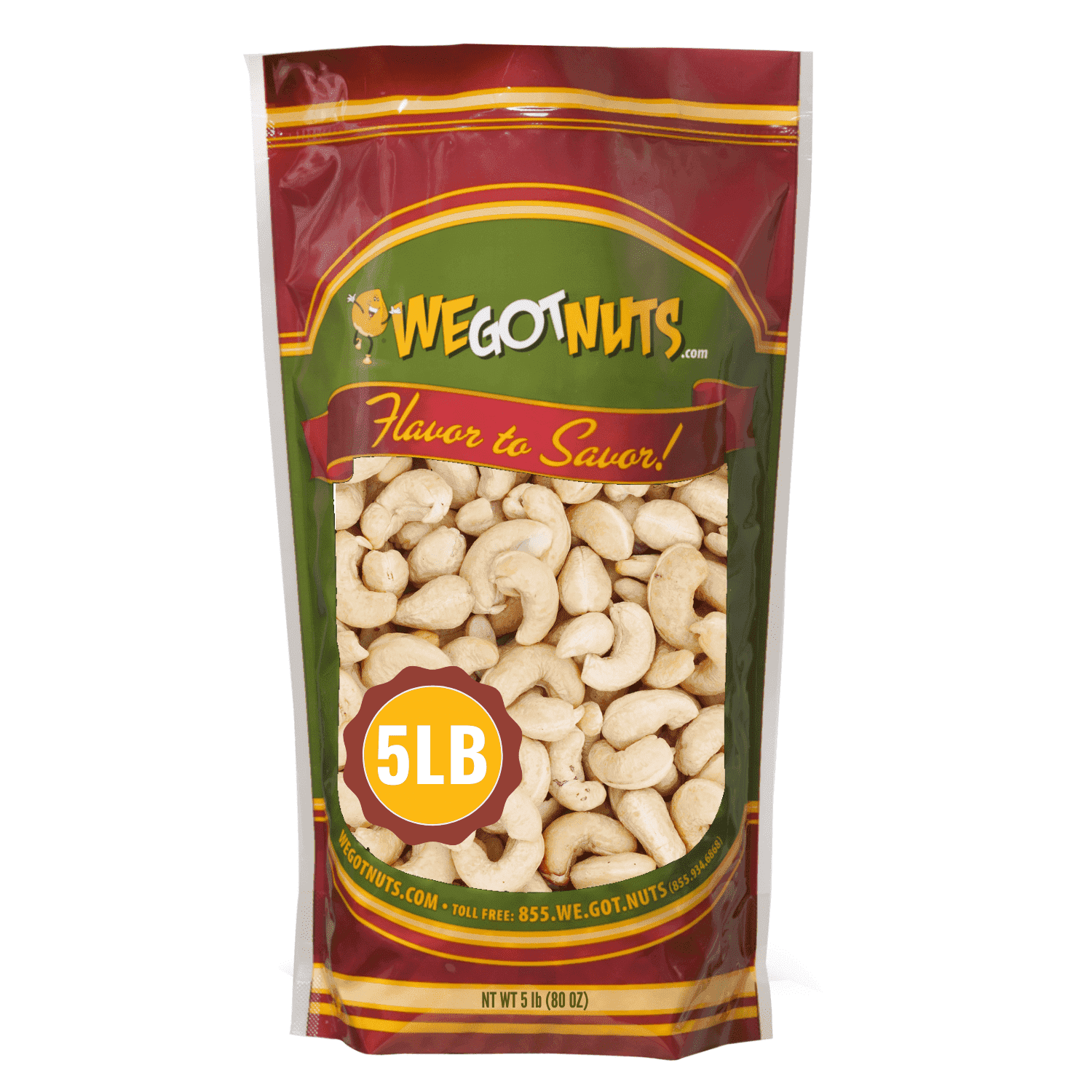 We Got Nuts Raw Unsalted Cashews, Whole Shelled Snack Nuts, Kosher, 5 lb, 80 oz, Resealable Pouch