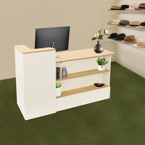 Cashier Counter, Checkout Counter Desk, 150x50x100cm Retail Shop Counter with Locking Drawer & Storage, Warm White & Wood Color, Assembly Required, for Store, Boutique