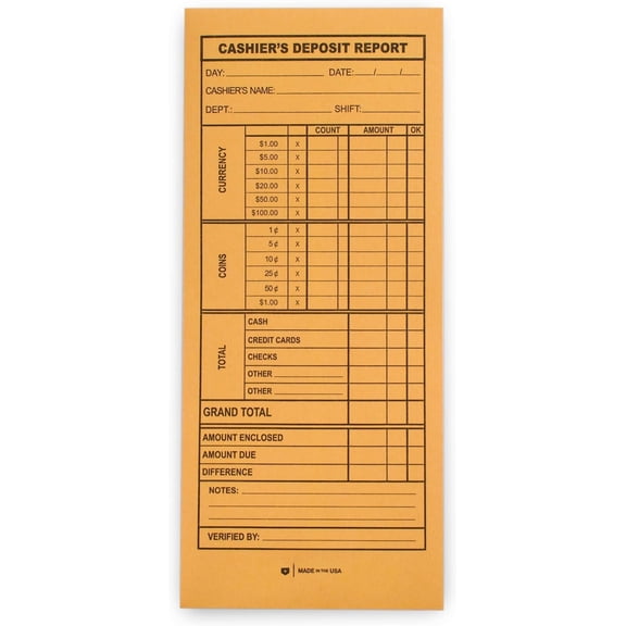 Cashier Deposit Report Envelopes - with Gummed Flaps, Pack of 500 Drop Envelopes - Register for Small Businesses, Retailers & Restaurants - Brown Envelope