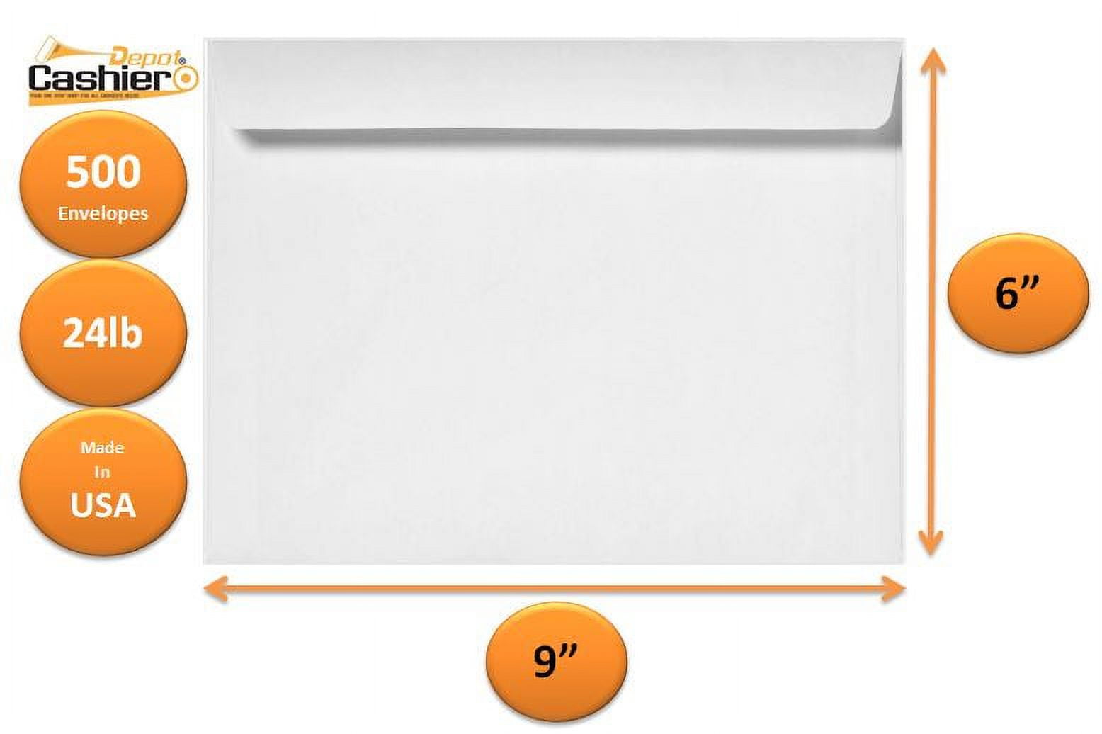 Cashier Depot 6" x 9" Booklet Envelope, Premium 24lb White, Gum Flap, 500/Box