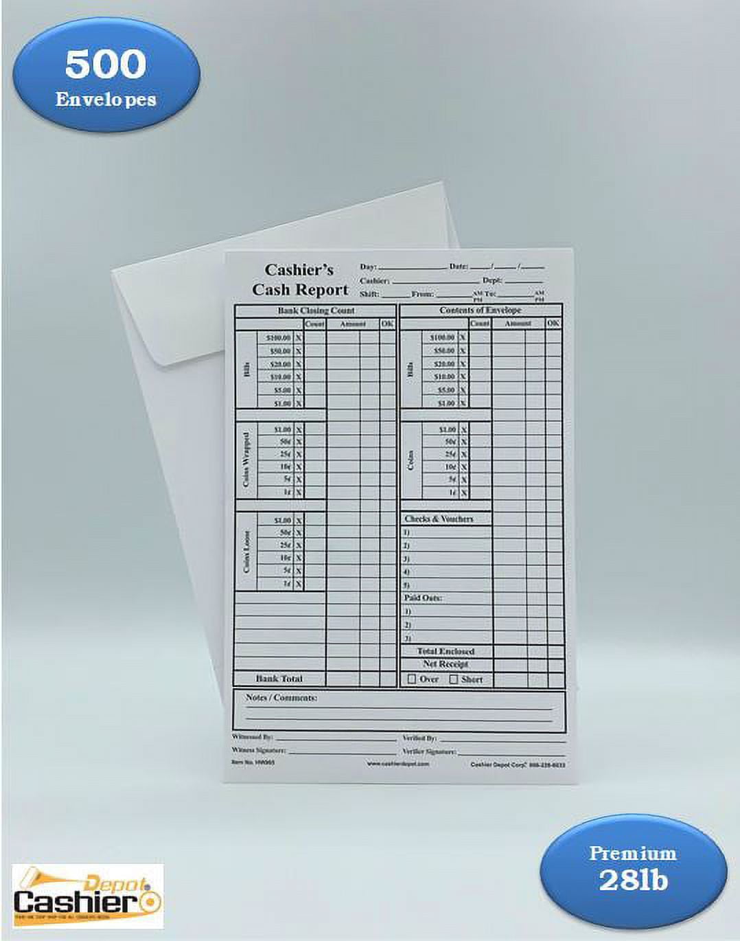 Cashier Depot HW965 Cashier's Cash Report Envelopes, 6" x 9",Open End, Premium 28lb White, Gum Flap (500 Envelopes)