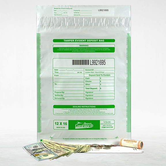12" x 16" Tamper Evident Bank Deposit Bags, White, Serialized Numbering, Barcode, Press & Seal Void Closure Tape, 100 Bags
