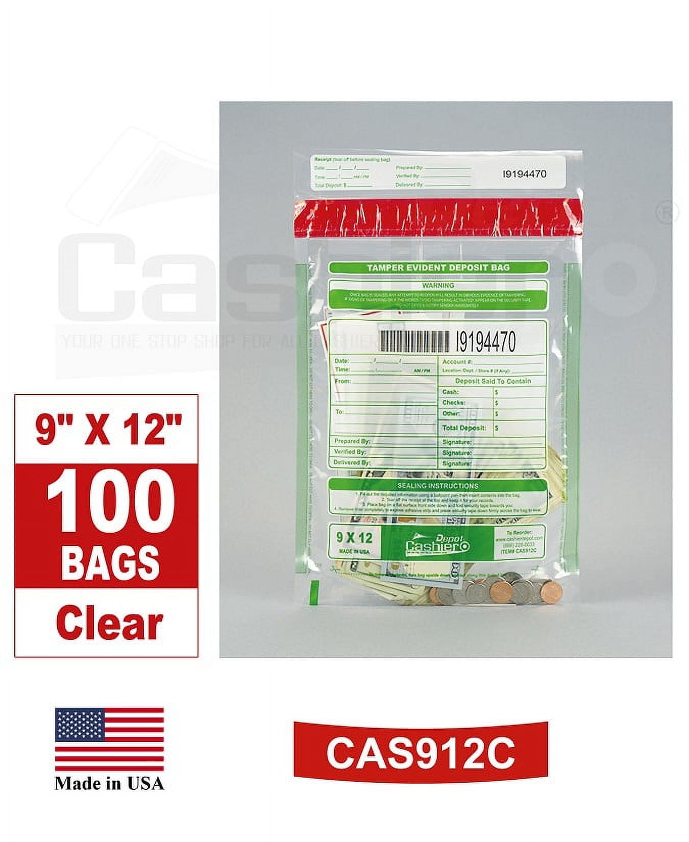 Cashier Depot Tamper Evident Deposit Bags, 9" x 12" Clear, Serialized Numbering, Barcode, Press & Seal Void Closure Tape (100 Bags)