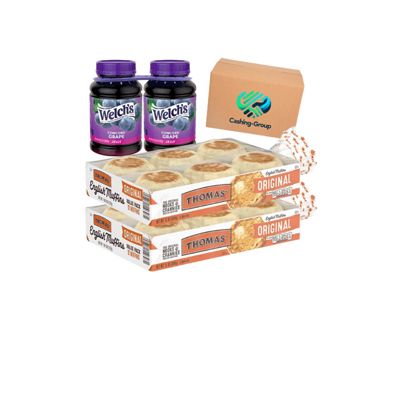 Cashing-Group, Thomas' Original 48 oz, 24 ct English Muffins & Concord Grape Jelly 30 oz, Double Pack Flavor and Tradition on Your Table, Classic Breakfast Pack, Quick and easy breakfast.