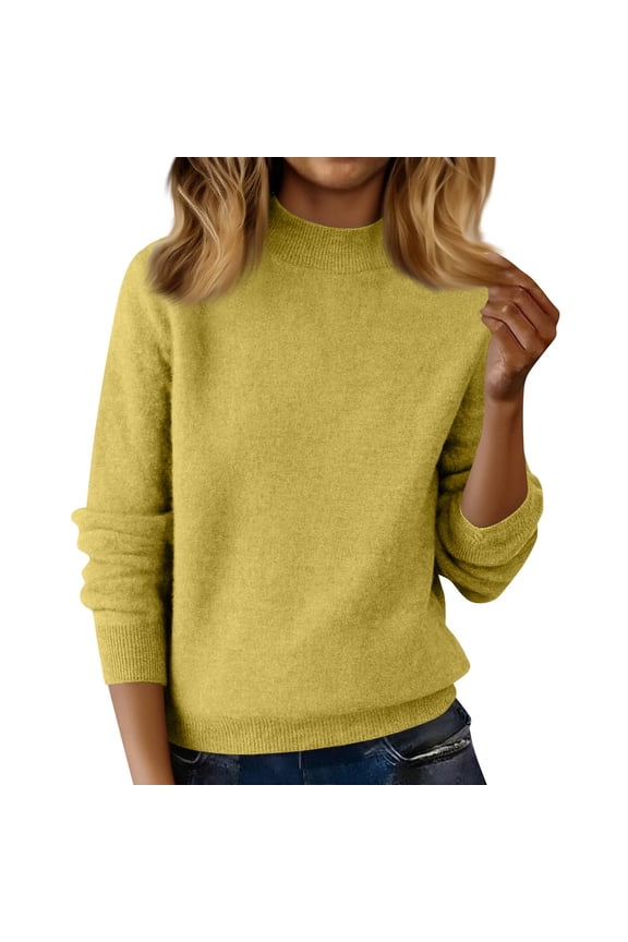 Wool Sweaters for Women Soft Wool Blend Long Sleeve Mock Neck Tops Solid Lightweight Jumper Knit Pullover Sweater Yellow 2XL