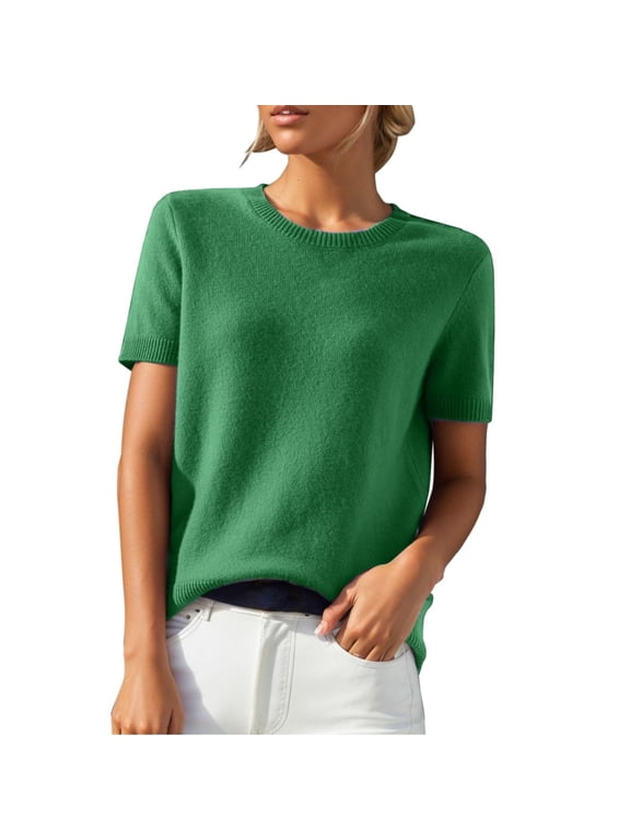 Merino Wool Short Sleeve Crewneck Sweater Top 100% Merino Wool Crew Neck Pullover Tee for Women Dark Green M