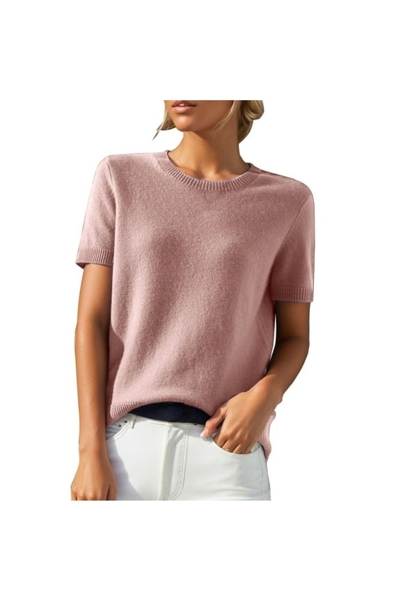 Merino Wool Short Sleeve Crewneck Sweater Top 100% Merino Wool Crew Neck Pullover Tee for Women Light pink S
