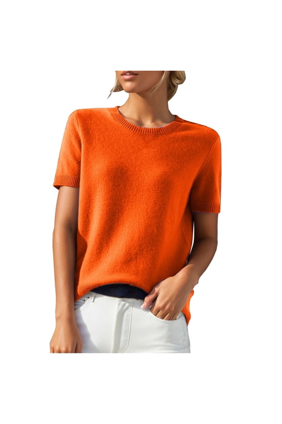 Cashmeres Short Sleeve Crewneck Sweater Top 100% Cashmeres Crew Neck Pullover Tee for Women Orange L