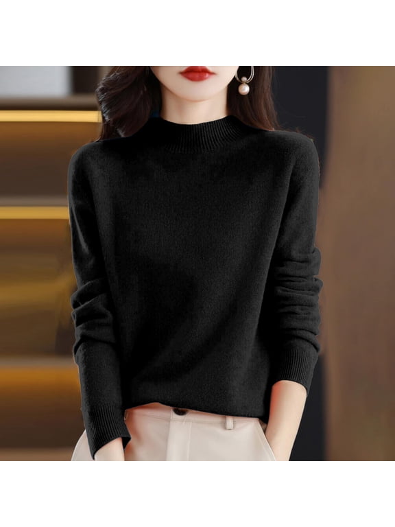 Merino Wool Sweaters for Women Long Sleeve Mock Neck Loose Pullover Tops Soft Warm Cozy Lightweight Wool Knit Sweater Black M