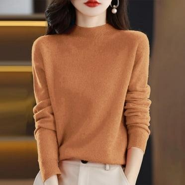 Merino Wool Sweaters for Women Long Sleeve Mock Neck Loose Pullover Tops Soft Warm Cozy Lightweight Wool Knit Sweater Camel L